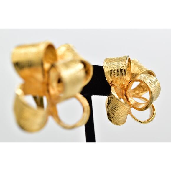 Vintage Bow Clip On Earrings Gold Tone Christmas Knot Large Chunky 1980s BinAZ - Picture 5 of 12